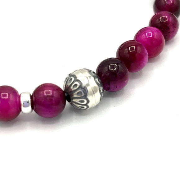 HAND CRAFTED Magenta Tiger Eye and Silver Stretch Bracelet - Picture 4 of 5